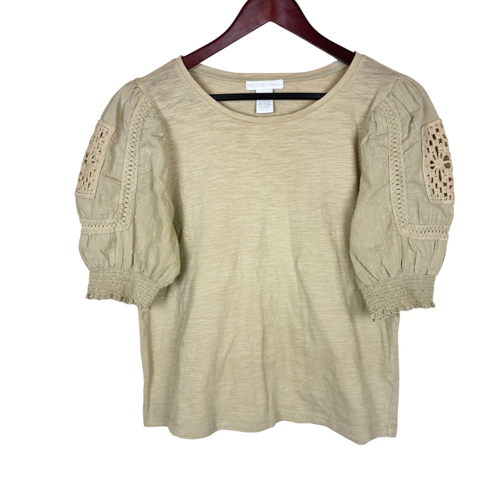 Womens Top M %100 Cotton Puff Sleeve Cottage Crochet Boho Prairie Coquette Tan